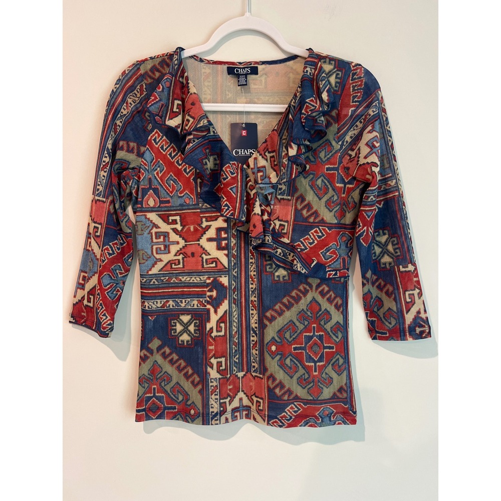 Chaps Multi Color Aztec Geometric Print Ruffle V Neck Top  Size M NWT Runs Small